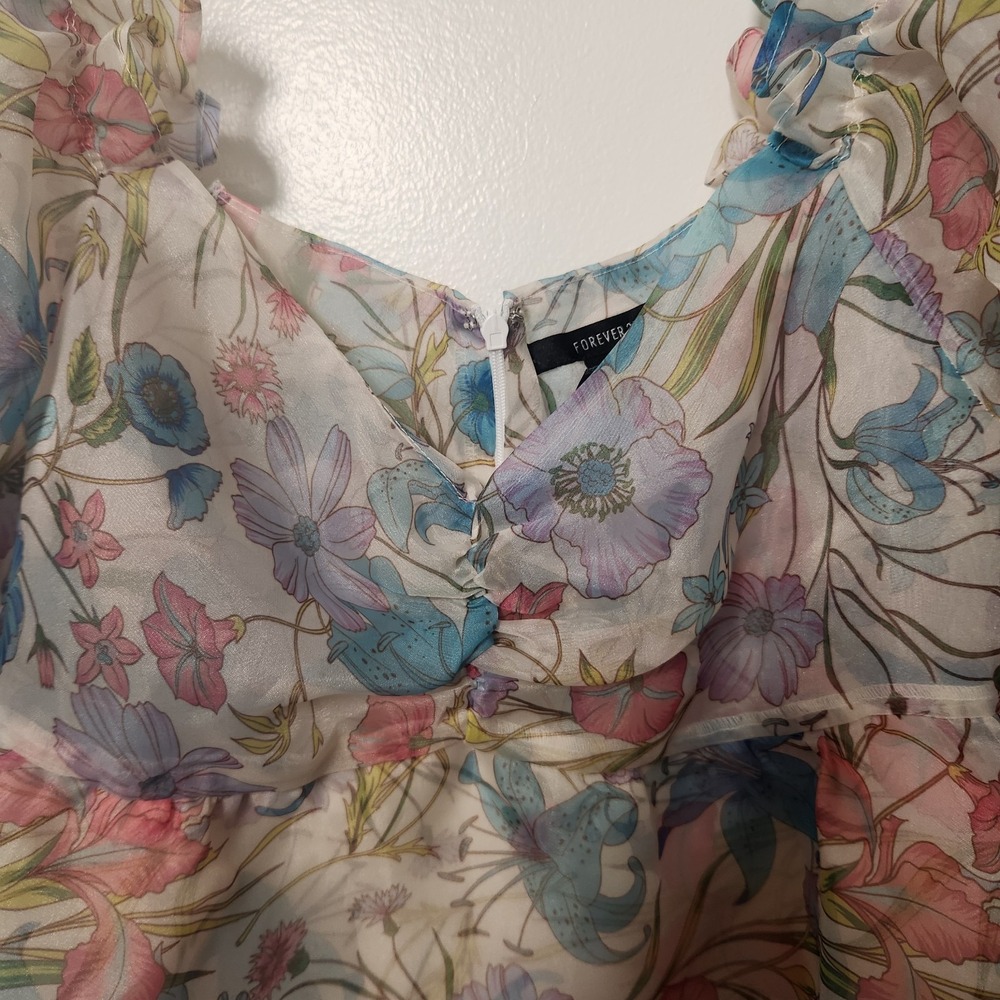 Forever 21 Floral Pastel Organza Puff Sleeve Babydoll Mini Dress Vtg Y2K Medium - Picture 7 of 16